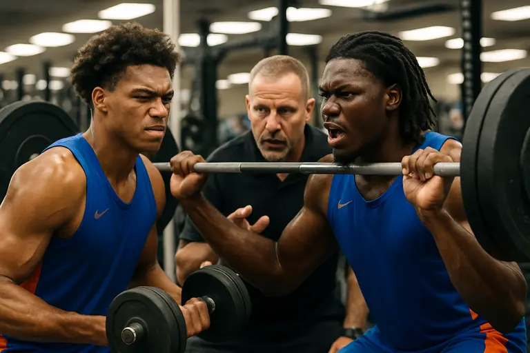 A college basketball big man trains with resistance bands beside the court