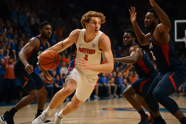 A Florida wing rises for a jump shot while a defender closes out