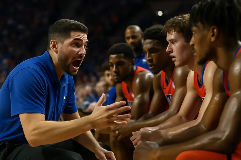 Florida basketball players work through half-court drills inside the arena