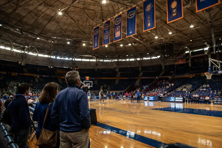 A packed college basketball arena during a Florida home game