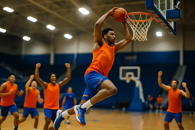 College basketball team celebrating after a tournament victory