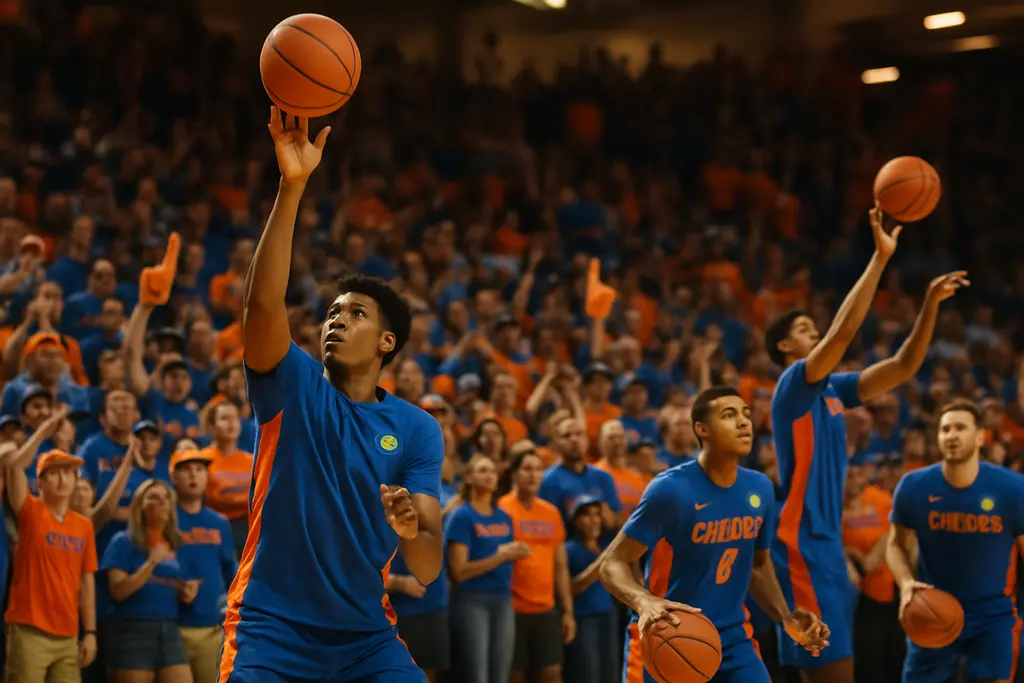 Florida Gators No. 1 players gathering at midcourt during preseason practice