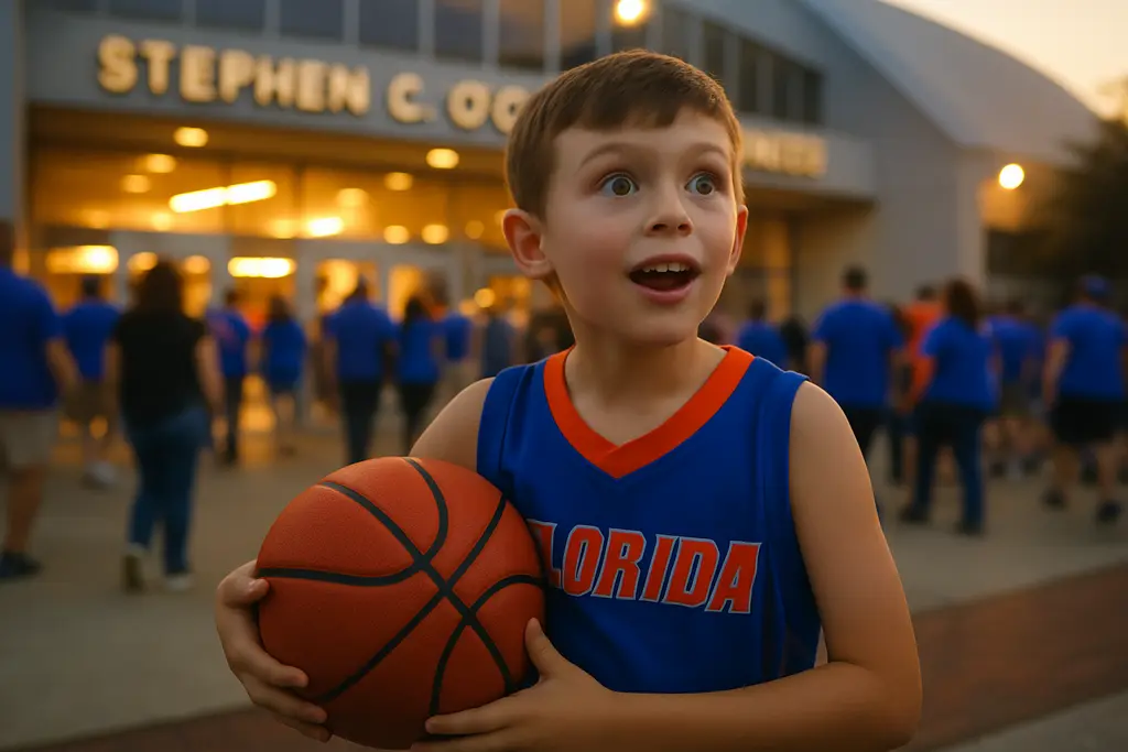 Gators players gathered on a college court after the Florida No. 1 Ranking