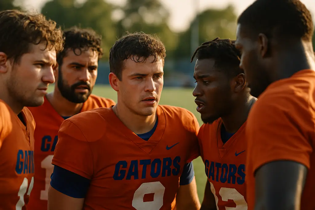 Gators Core Players gather during a Florida football practice in Gainesville