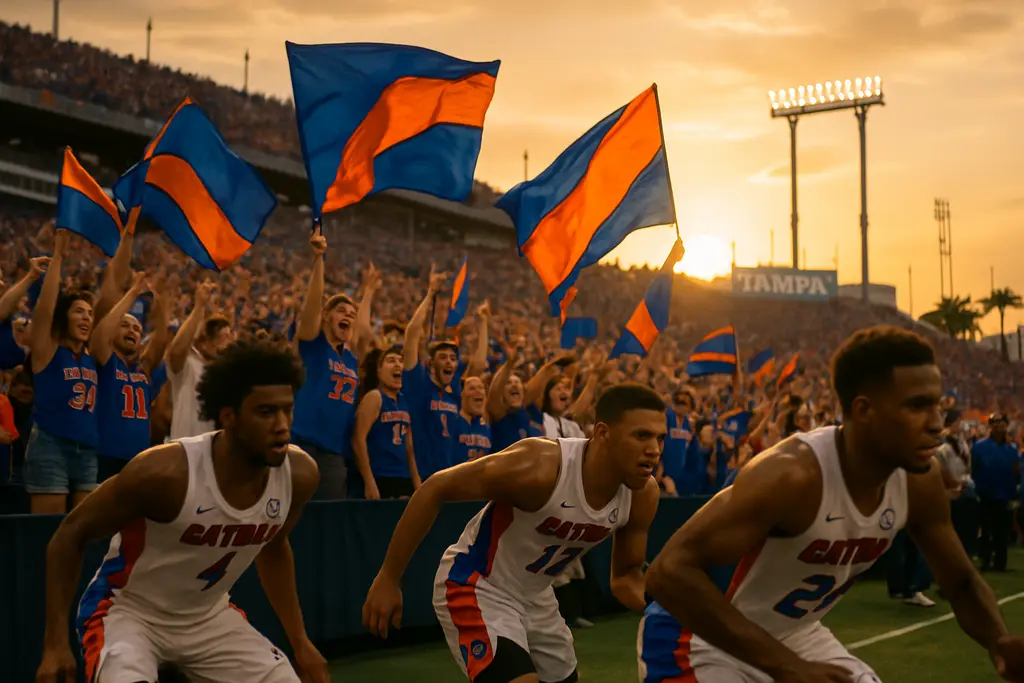 Gators Schedule Highlights scene with Florida players warming up at a packed college arena